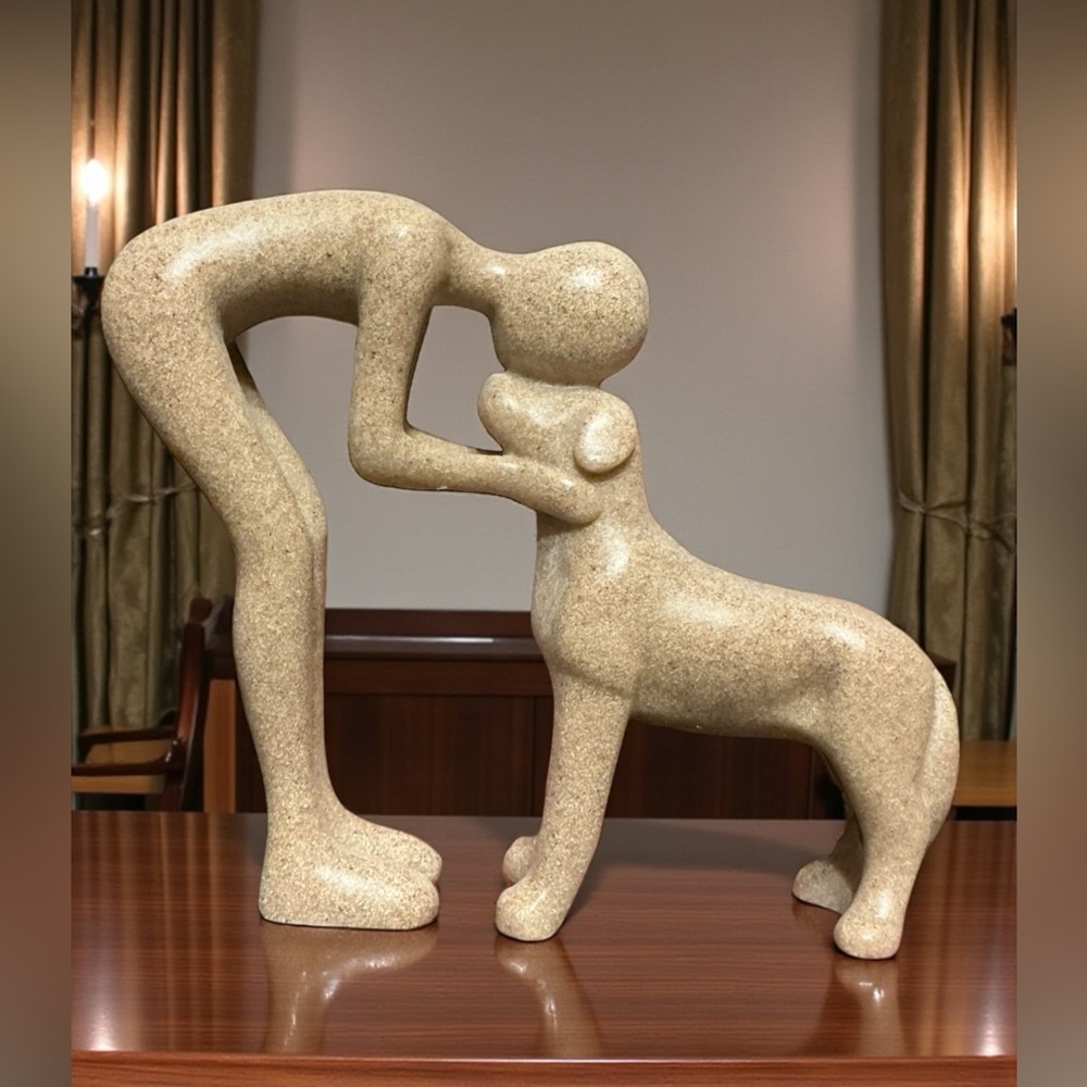 Abstract Man and Dog Sandstone Look Resin Sculpture Modern Home Decor